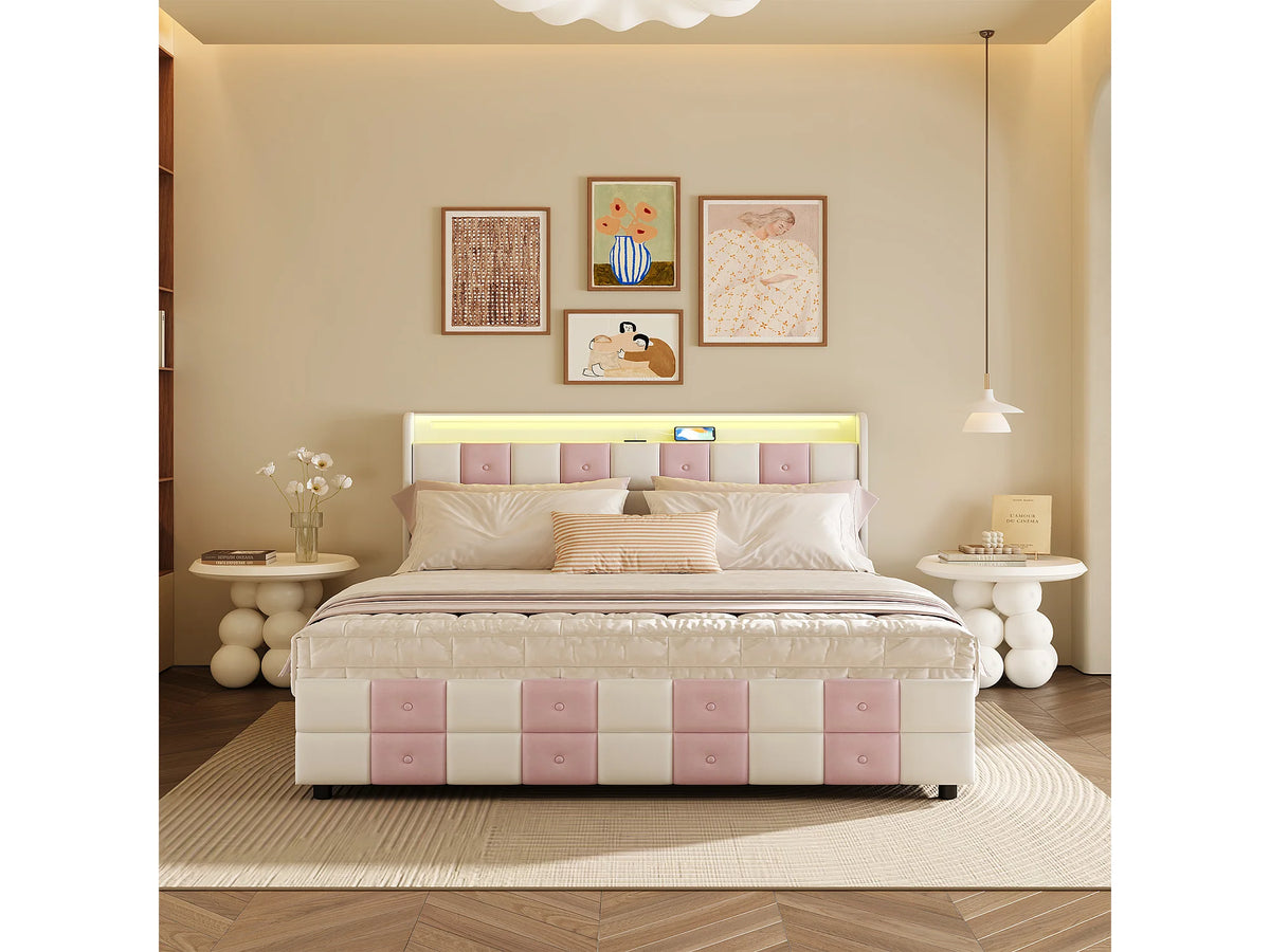 Lit Coffre 140x190 Velours Rose avec LED, Tiroirs et Port USB — vue 4