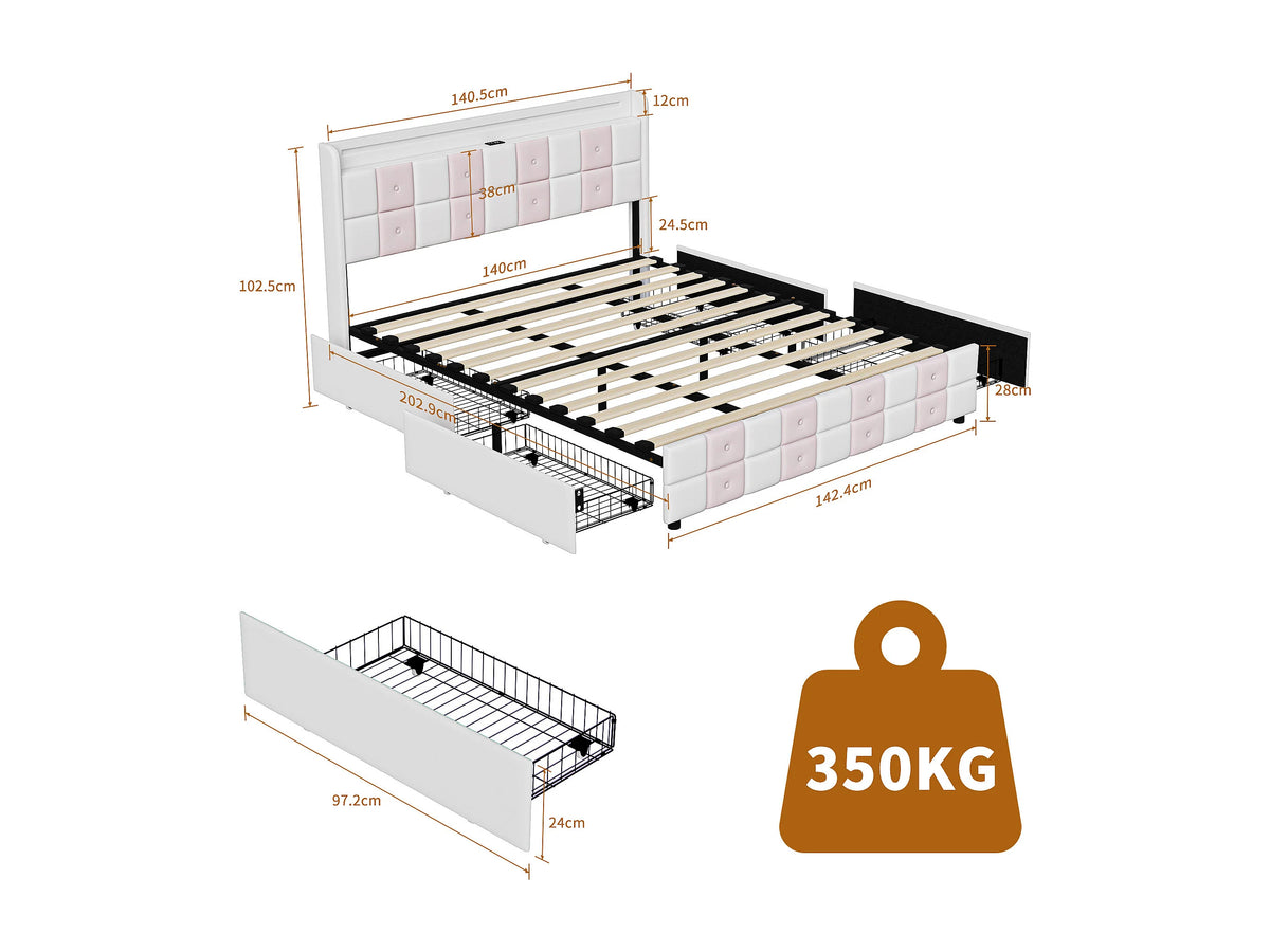 Lit Coffre 140x190 Velours Rose avec LED, Tiroirs et Port USB — vue 5