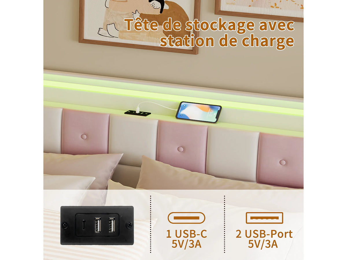 Lit Coffre 140x190 Velours Rose avec LED, Tiroirs et Port USB — vue 7