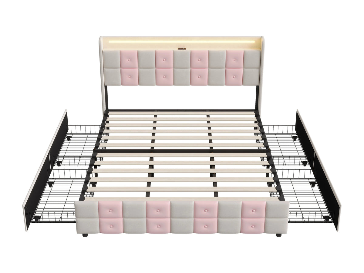 Lit Coffre 140x190 Velours Rose avec LED, Tiroirs et Port USB — vue 8