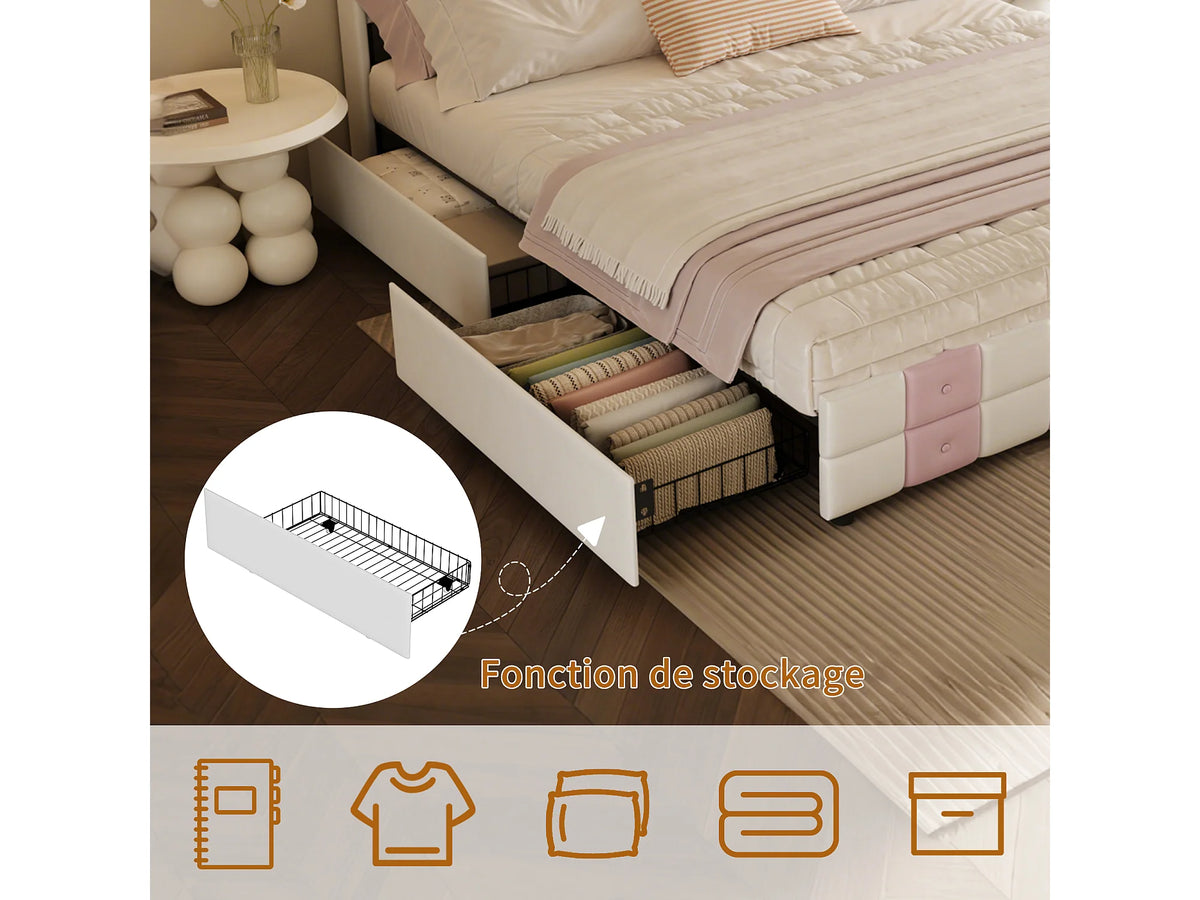 Lit Coffre 140x190 Velours Rose avec LED, Tiroirs et Port USB — vue 9