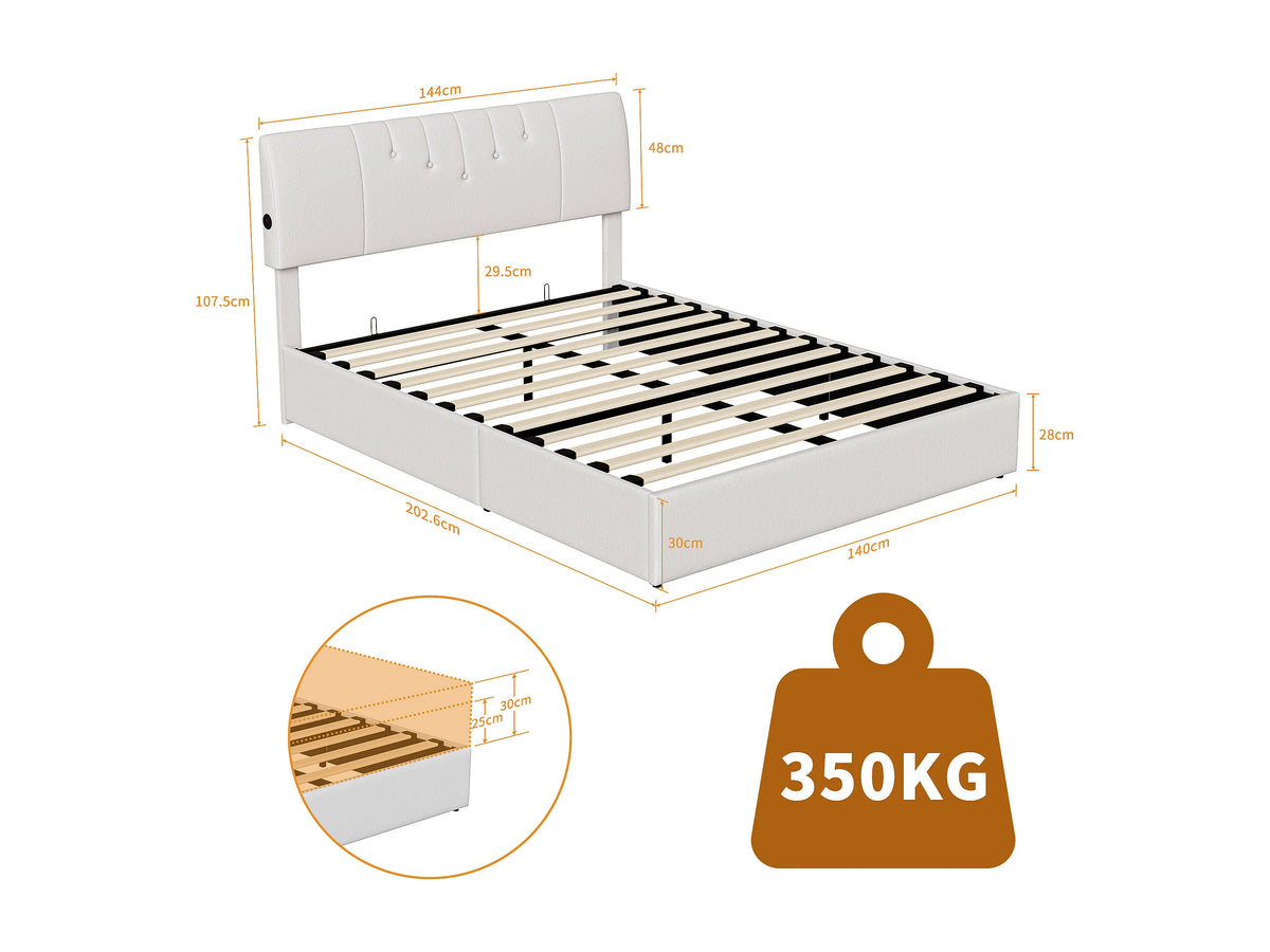 Lit Coffre 140x190 Bois Blanc avec Port USB — vue 6