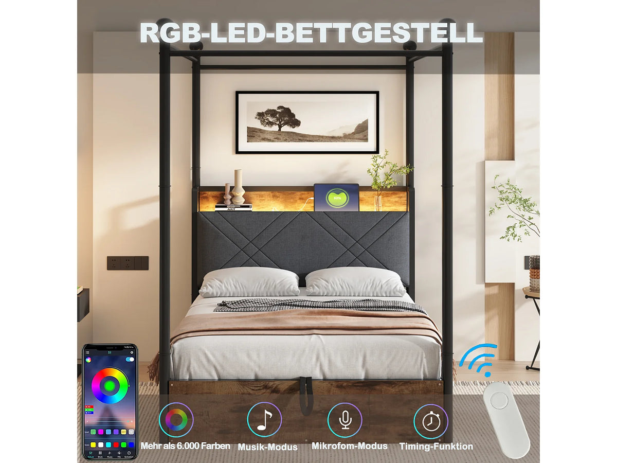 Lit Coffre 90x190 Bois Noir avec LED et Port USB — vue 5