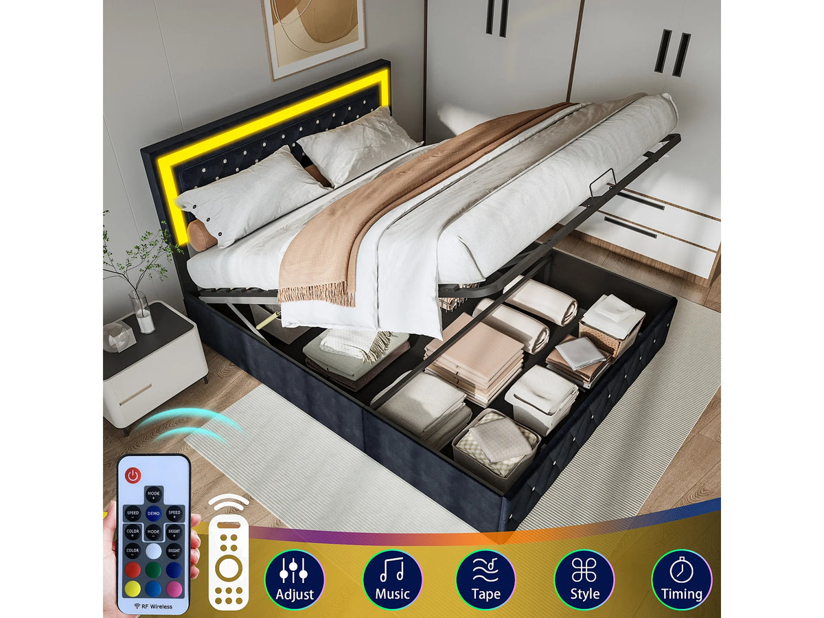 Lit Coffre 160x200 Velours Noir avec LED — vue 8