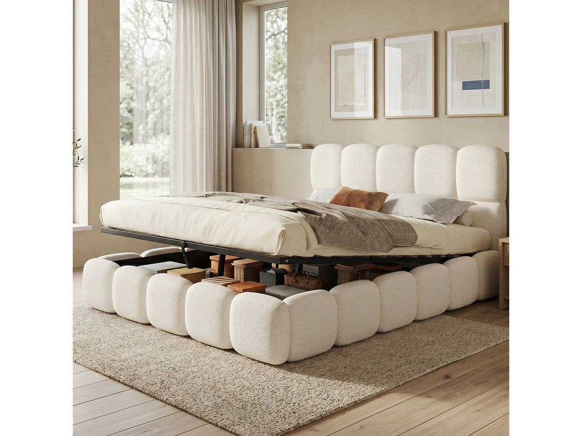 Lit Coffre 160x200 Tissu Bouclette Blanc Capitonné — vue 2