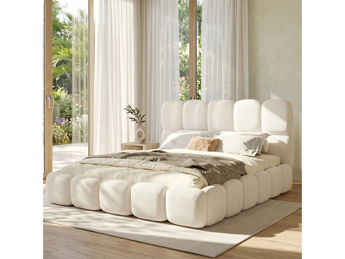 Lit Coffre 160x200 Tissu Bouclette Blanc Capitonné — vue 3