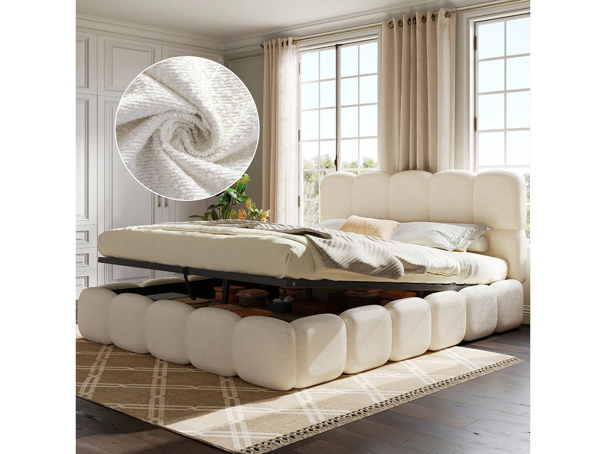 Lit Coffre 160x200 Tissu Bouclette Blanc Capitonné — vue 9
