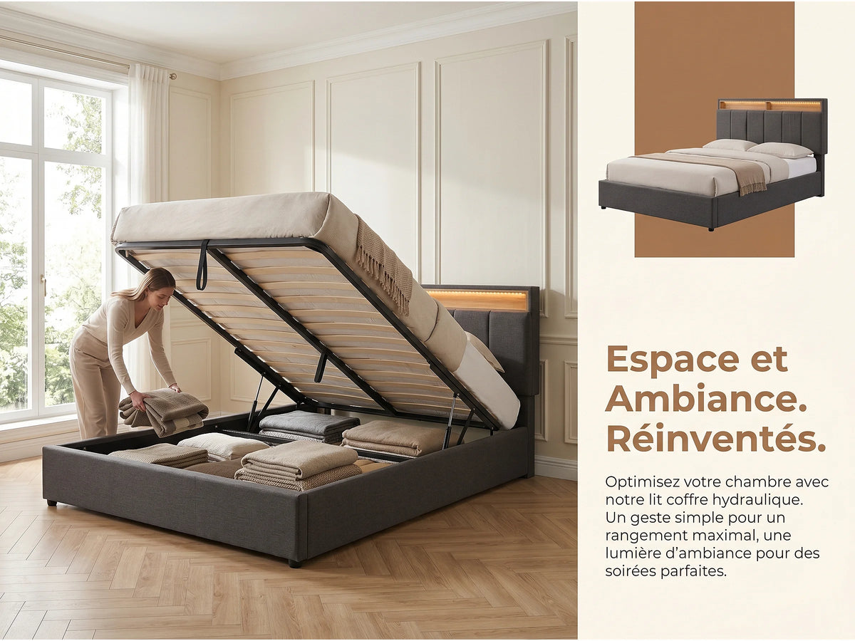 Lit Coffre 140x190 Tissu Lin Gris avec LED