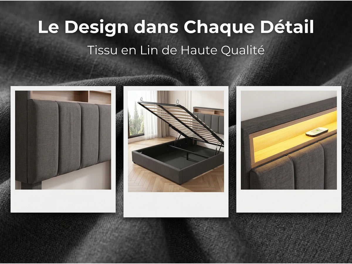 Lit Coffre 140x190 Tissu Lin Gris avec LED — vue 6