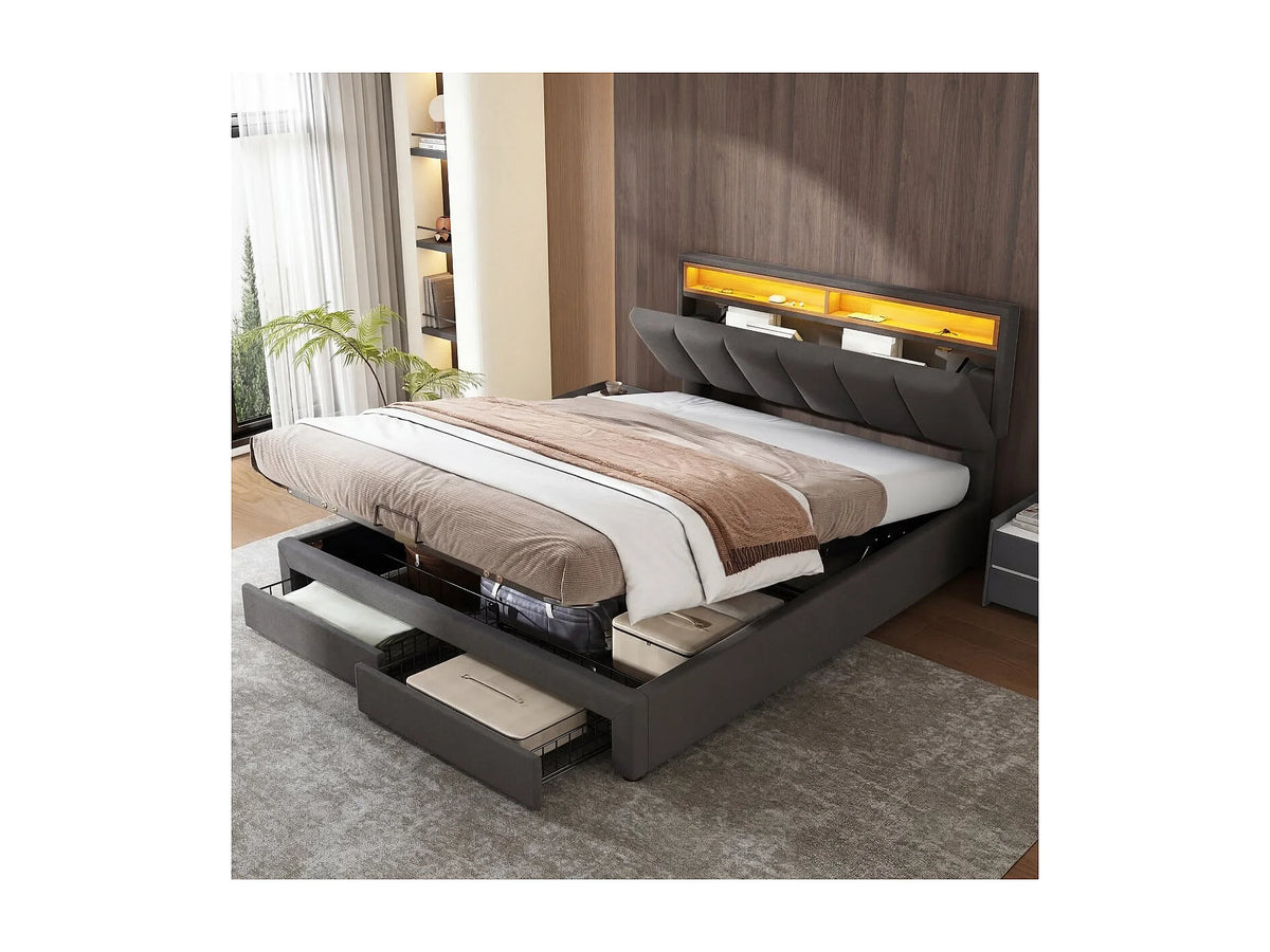 Lit Coffre 140x190 Tissu Lin Gris avec LED — vue 2