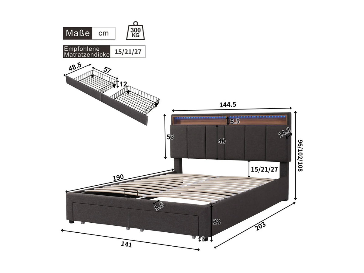 Lit Coffre 140x190 Tissu Lin Gris avec LED — vue 5