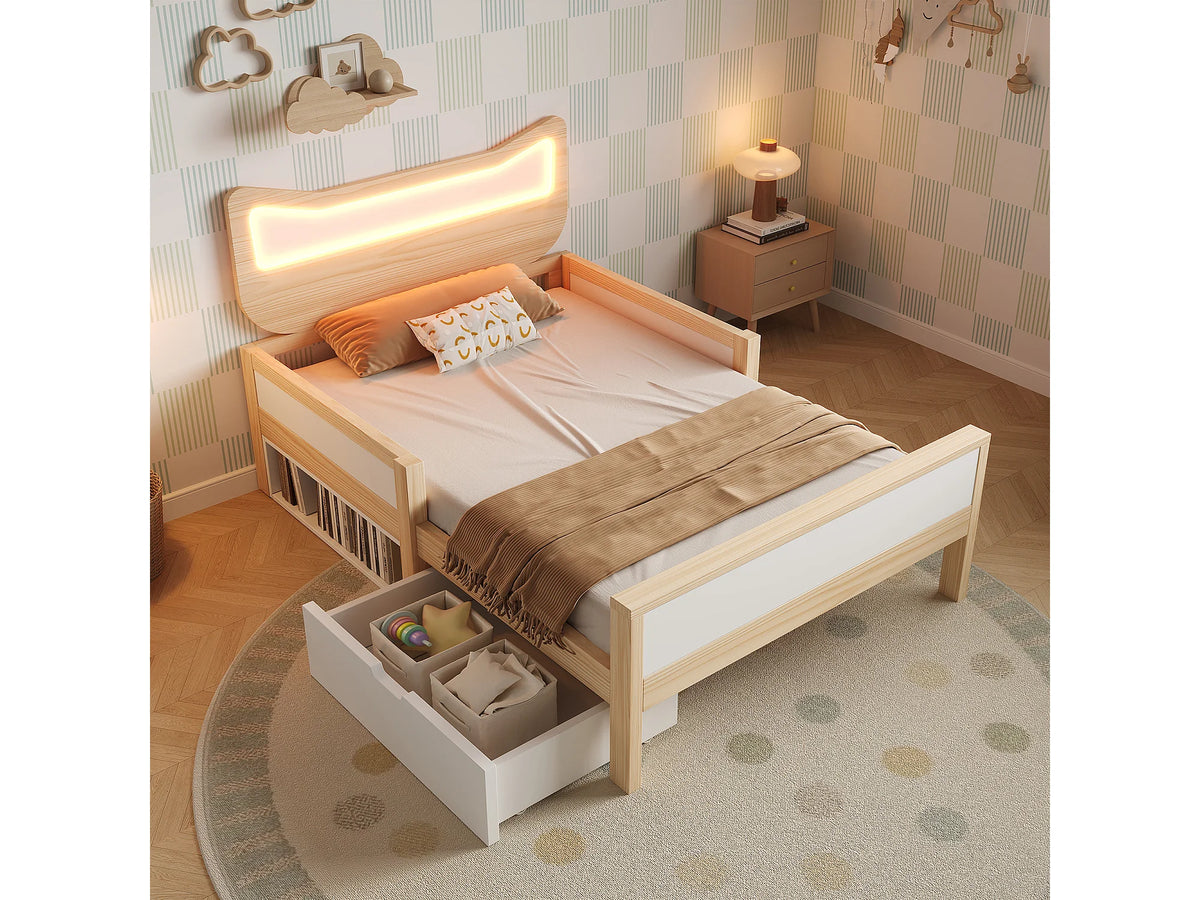 Lit Coffre 90x190 Bois Blanc avec LED et Tiroirs