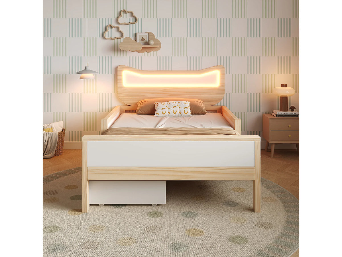 Lit Coffre 90x190 Bois Blanc avec LED et Tiroirs — vue 2
