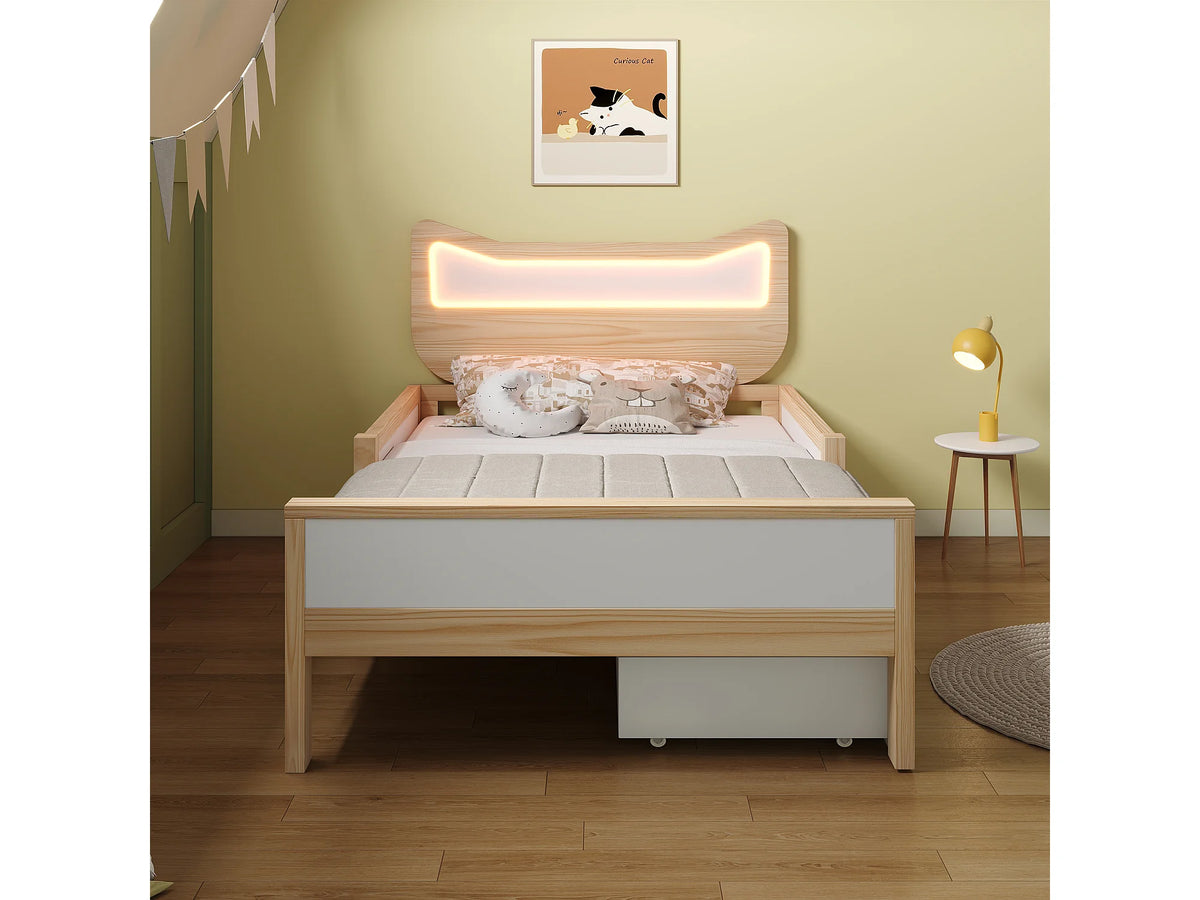 Lit Coffre 90x190 Bois Blanc avec LED et Tiroirs — vue 3
