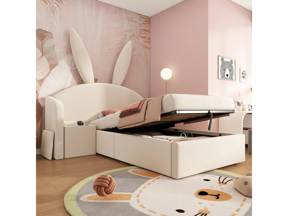 Lit Coffre 90x190 Velours Beige Capitonné avec Chevets — vue 3