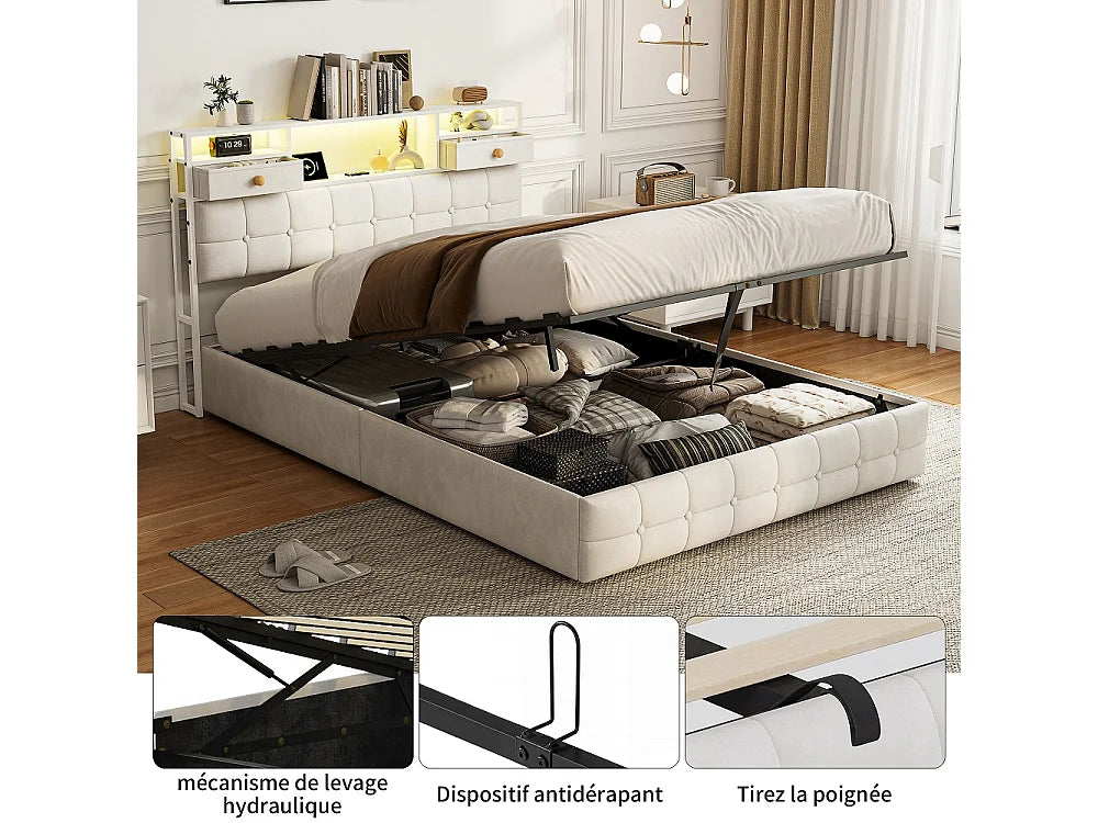 Lit Coffre 140x200 Velours Beige avec LED, Tiroirs et Port USB — vue 5