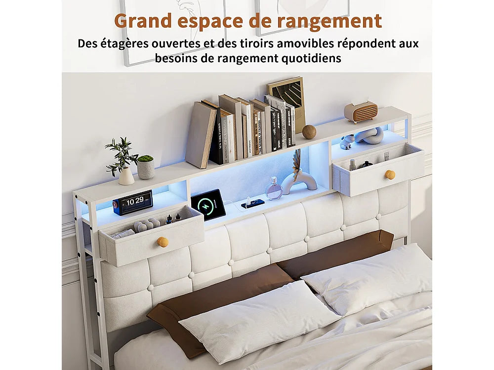 Lit Coffre 140x200 Velours Beige avec LED, Tiroirs et Port USB — vue 2