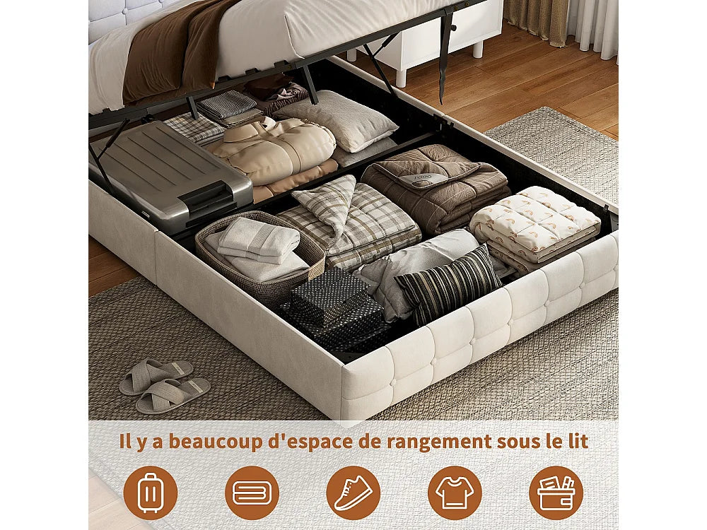 Lit Coffre 140x200 Velours Beige avec LED, Tiroirs et Port USB — vue 3