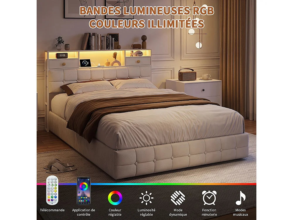 Lit Coffre 140x200 Velours Beige avec LED, Tiroirs et Port USB — vue 4