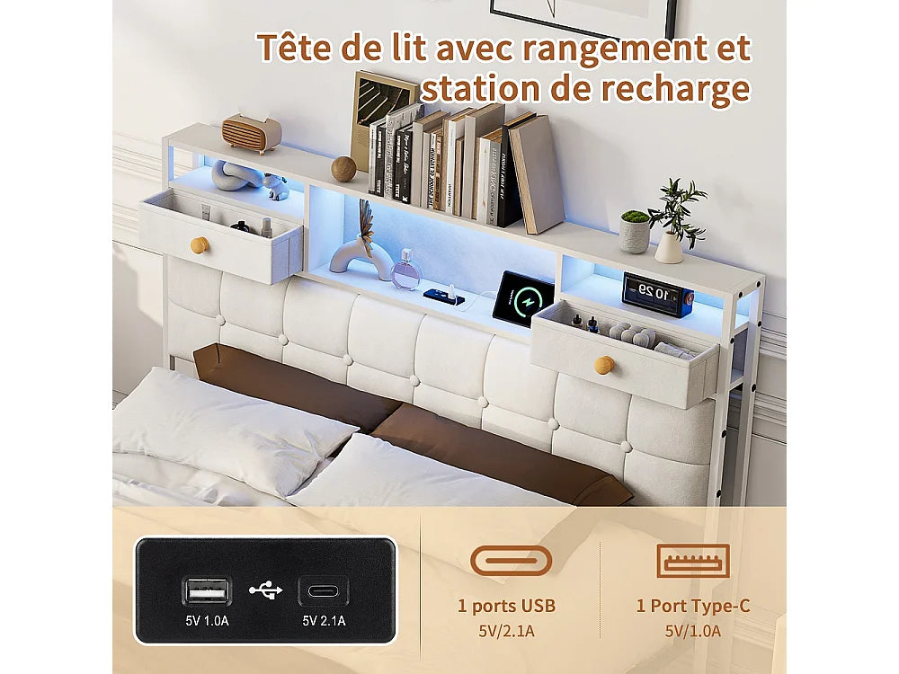 Lit Coffre 140x200 Velours Beige avec LED, Tiroirs et Port USB — vue 9