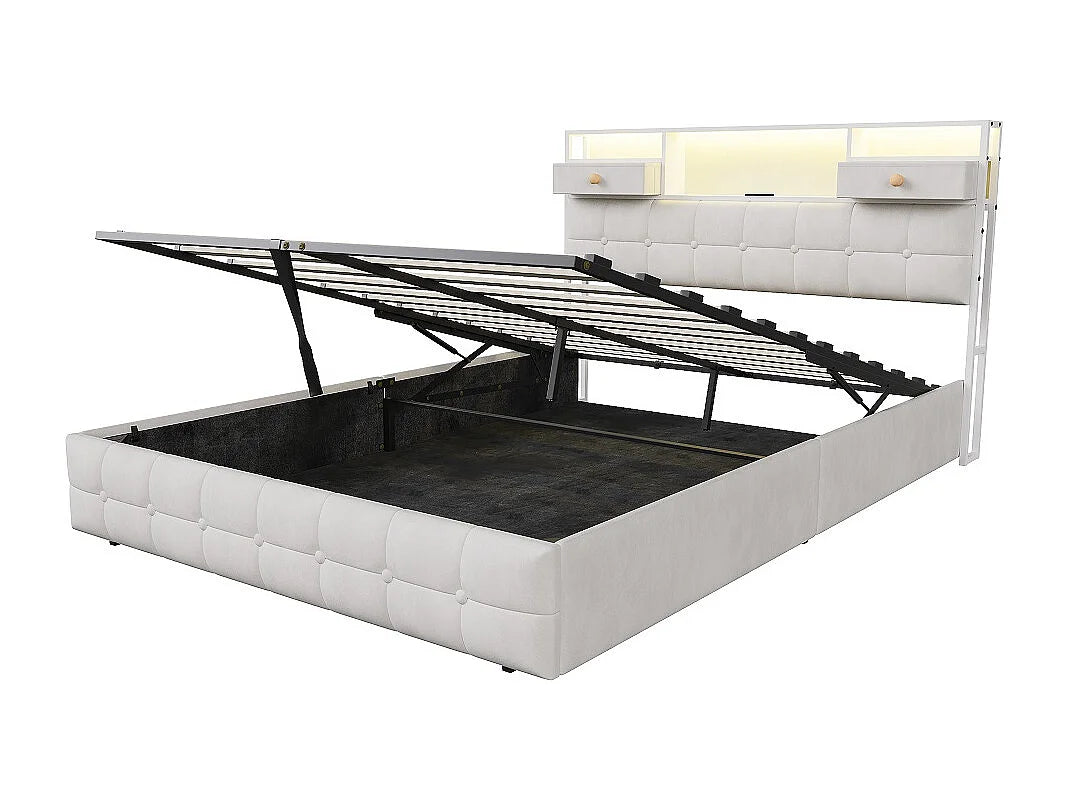 Lit Coffre 140x200 Velours Beige avec LED, Tiroirs et Port USB — vue 7