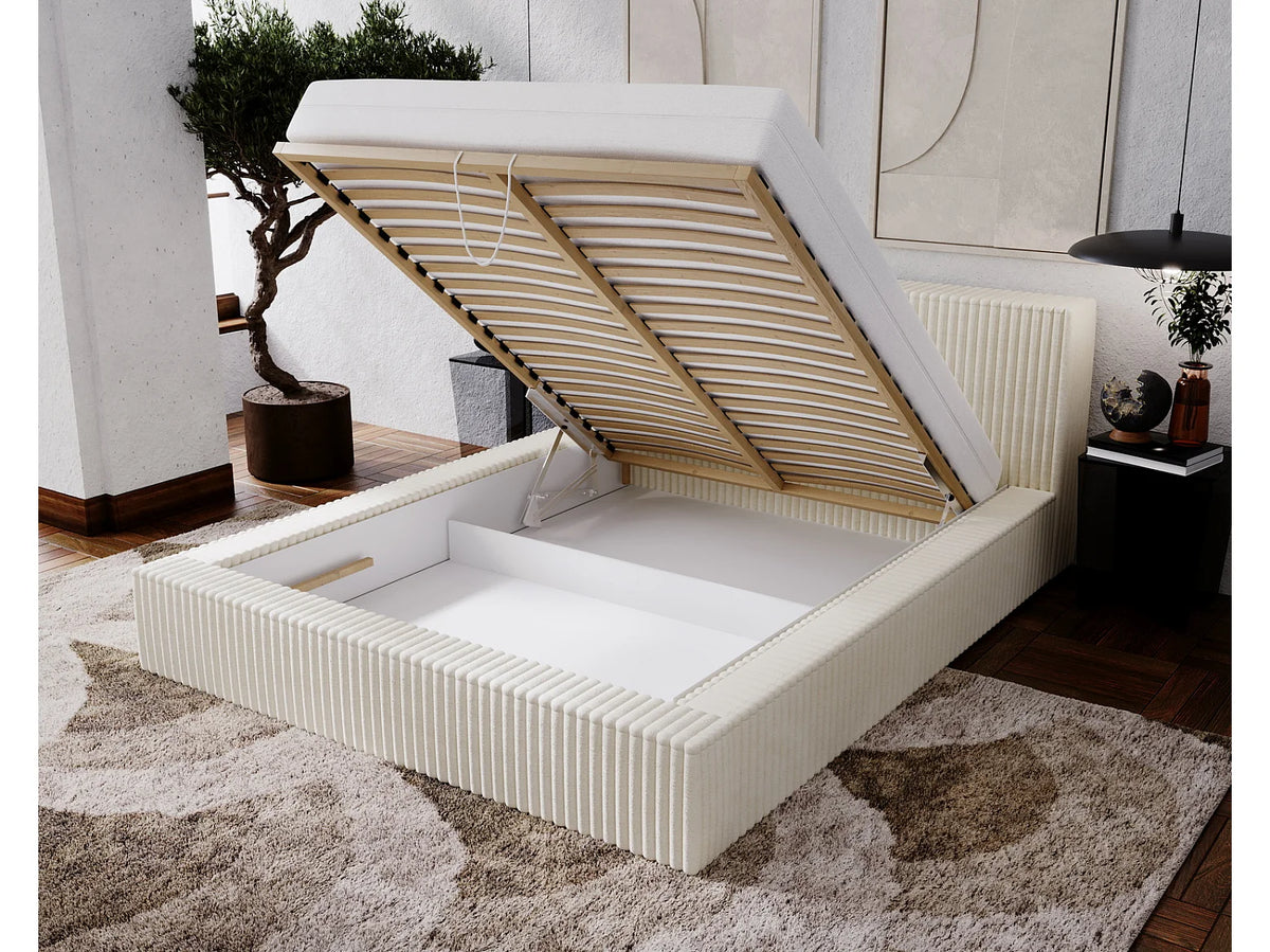 Lit Coffre 200x200 Bois Beige Capitonné — vue 3