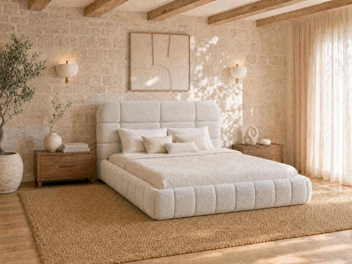 Lit Coffre 160x200 Tissu Bouclette Beige - FORIOSY