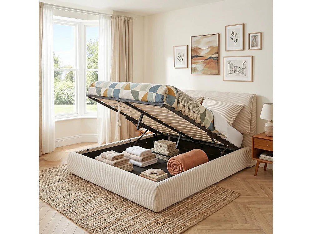 Lit Coffre 160x200 Tissu Beige avec Matelas