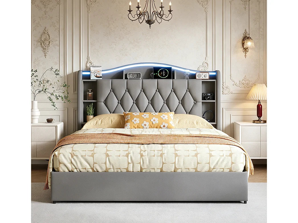 Lit Coffre 140x190 Velours Gris avec LED et Port USB — vue 8