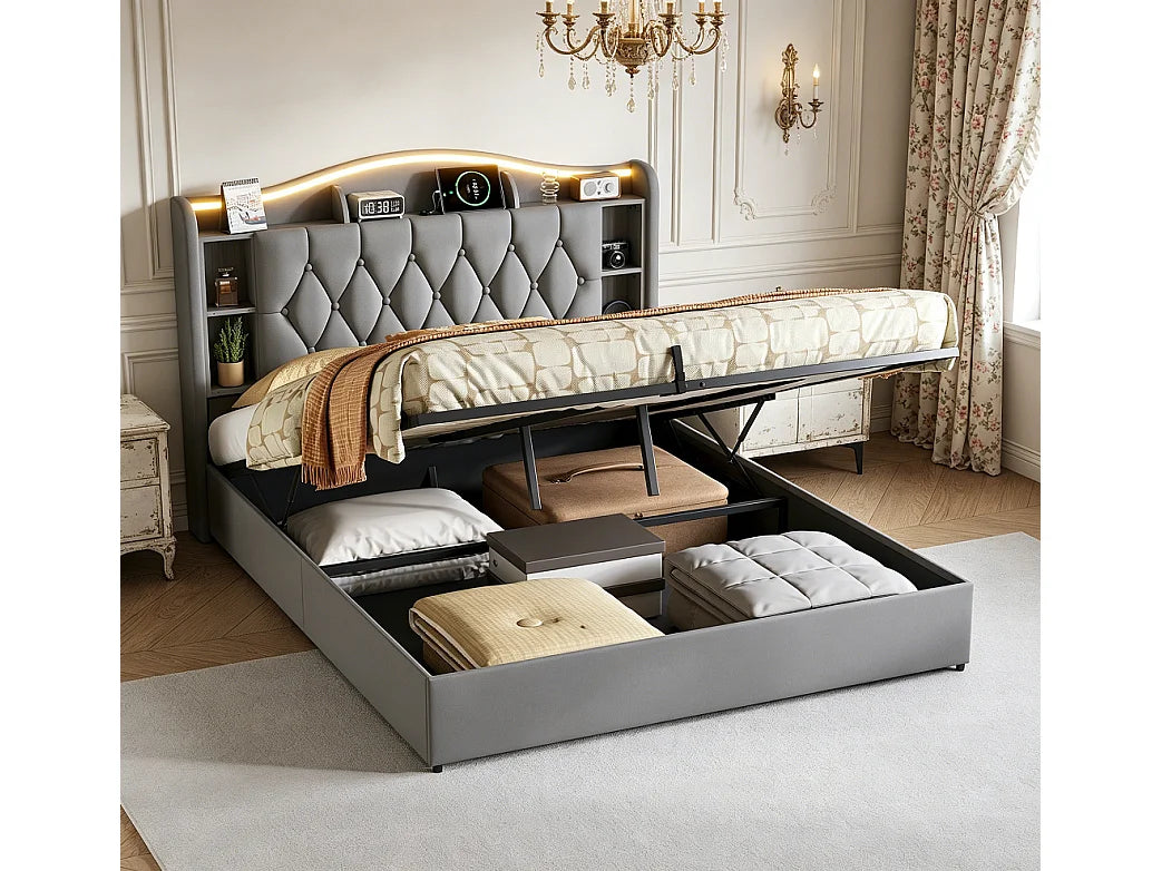 Lit Coffre 140x190 Velours Gris avec LED et Port USB — vue 10