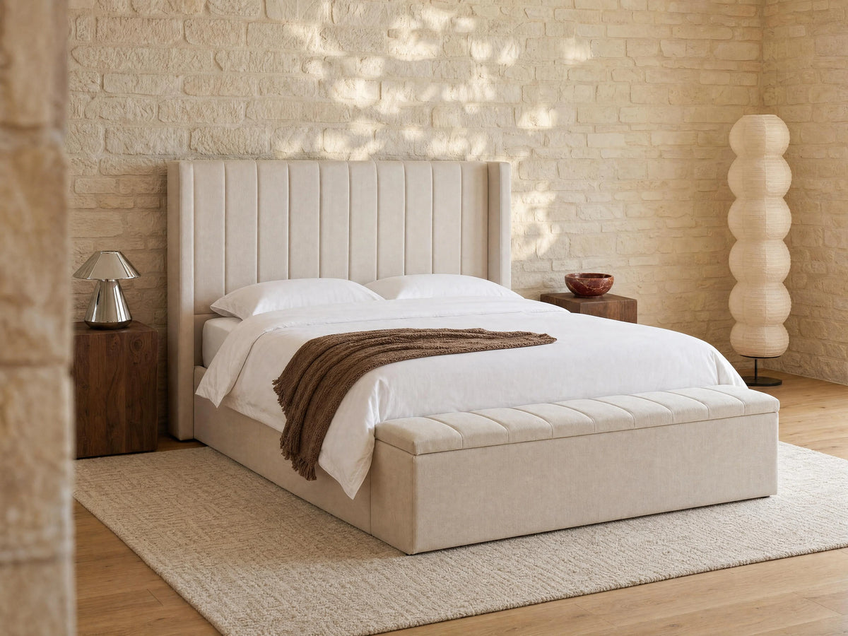 Lit Coffre 180x200 Tissu Beige - DOUINO