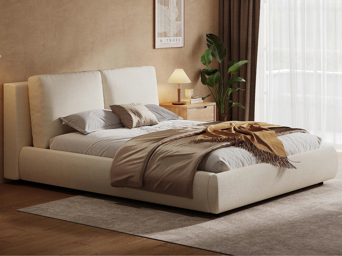 Lit Coffre 160x200 Tissu Bouclette Beige Capitonné