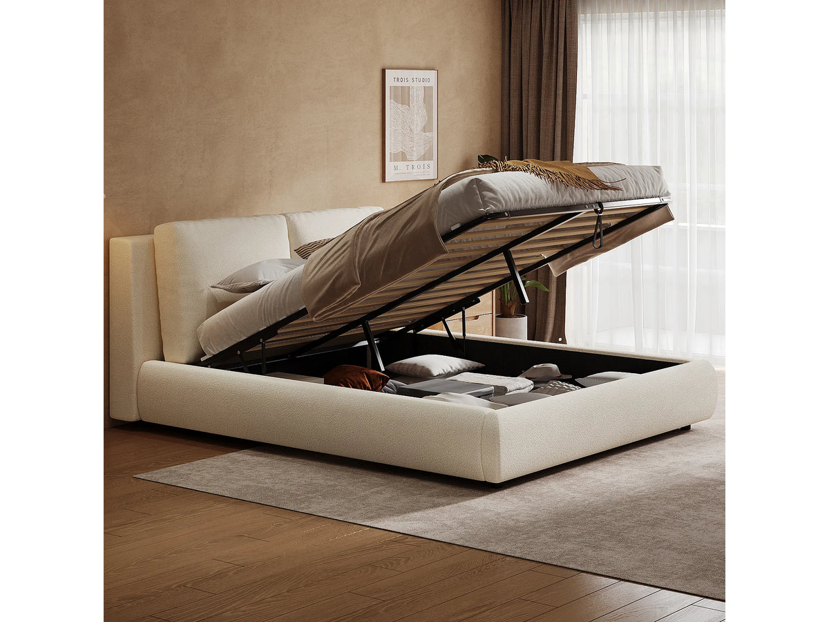 Lit Coffre 160x200 Tissu Bouclette Beige Capitonné — vue 2