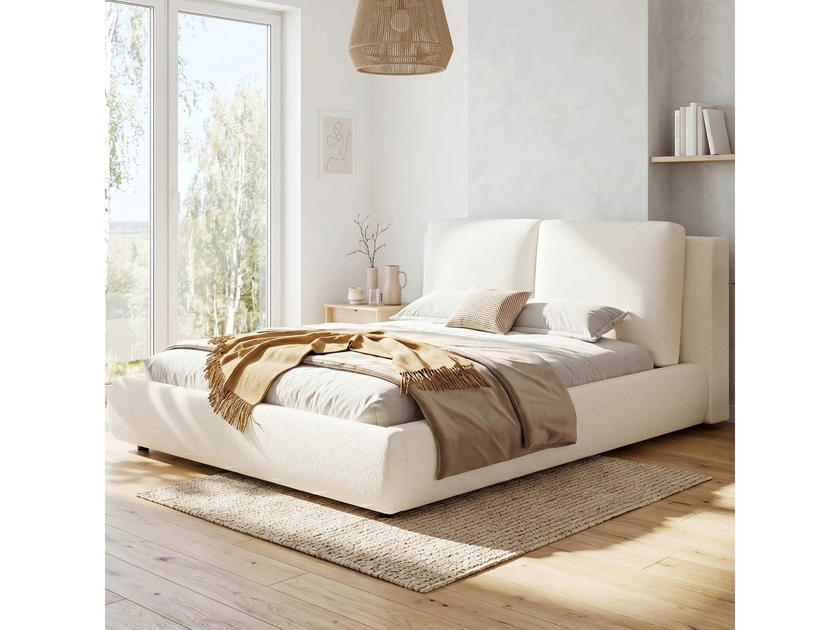 Lit Coffre 160x200 Tissu Bouclette Beige Capitonné — vue 4