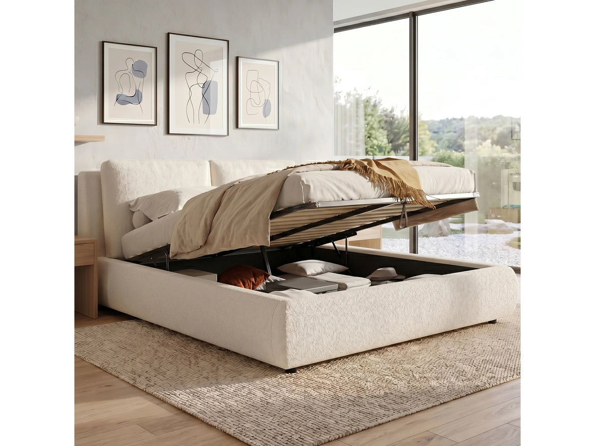 Lit Coffre 160x200 Tissu Bouclette Beige Capitonné — vue 10