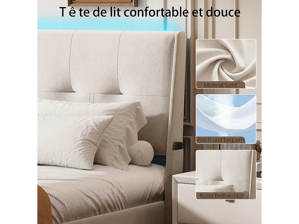 Lit Coffre 140x200 Velours Beige avec LED — vue 9