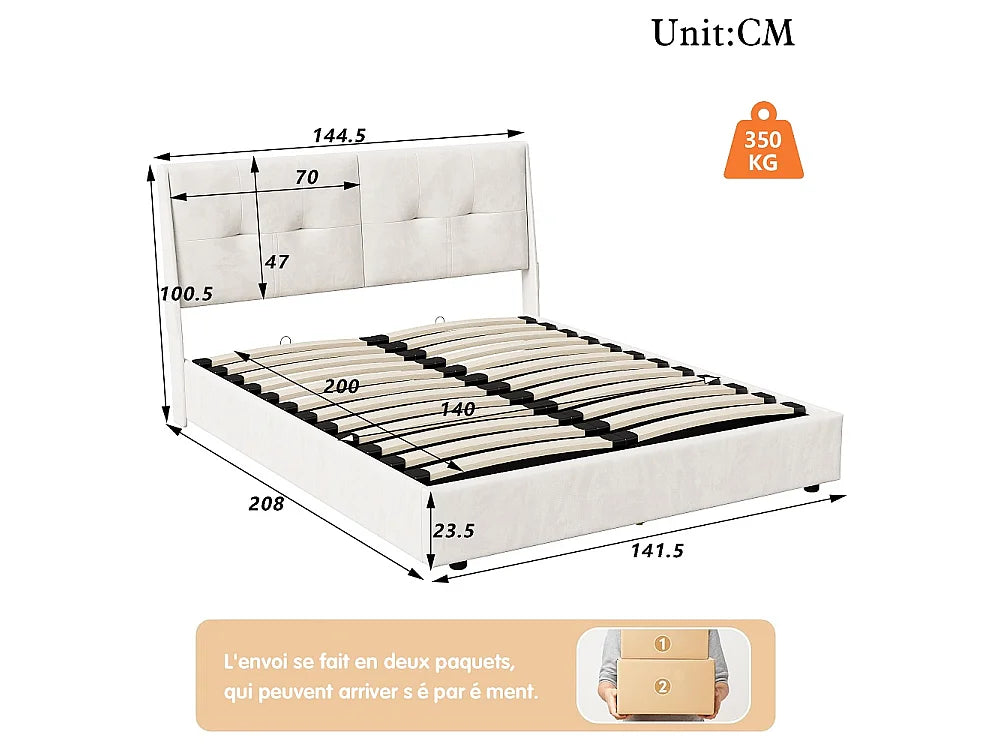 Lit Coffre 140x200 Velours Beige avec LED — vue 10
