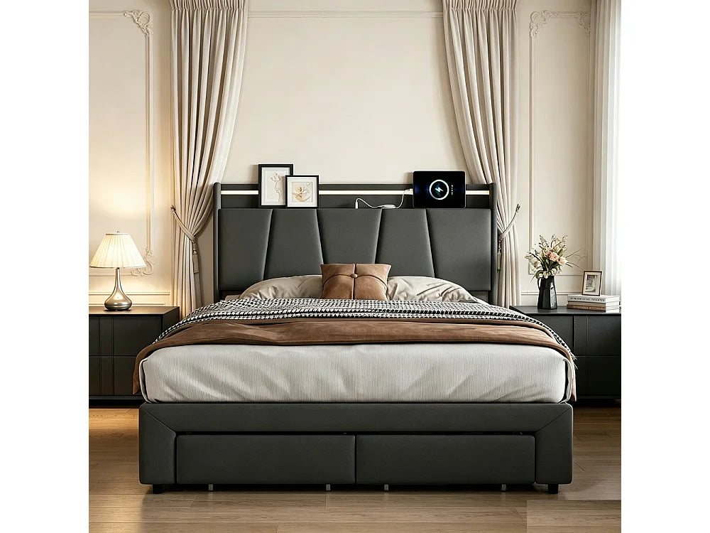 Lit Coffre 140x190 Tissu Lin Gris avec LED, Tiroirs et Port USB