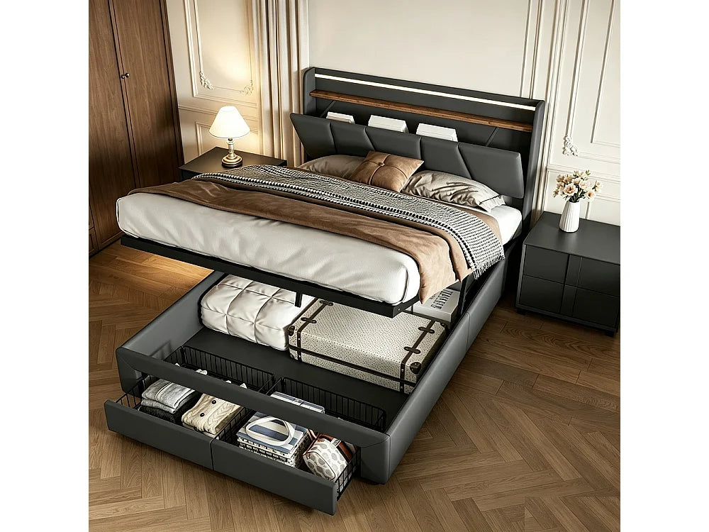 Lit Coffre 140x190 Tissu Lin Gris avec LED, Tiroirs et Port USB — vue 2