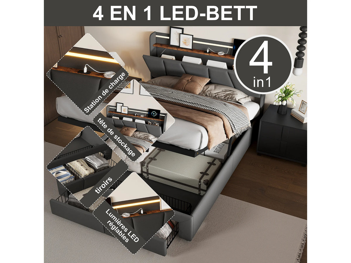 Lit Coffre 140x190 Tissu Lin Gris avec LED, Tiroirs et Port USB — vue 3