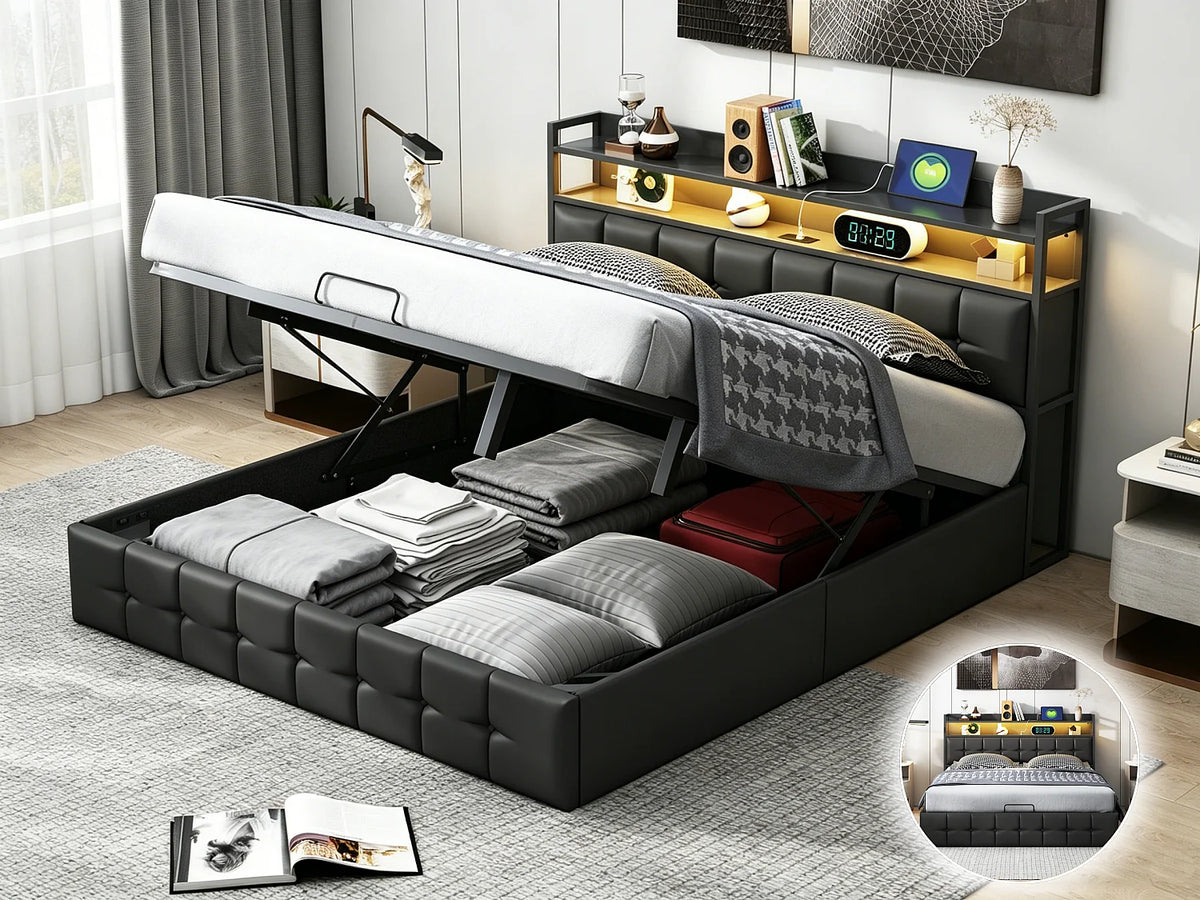Lit Coffre 160x200 Simili Cuir Noir avec LED et Port USB — vue 9