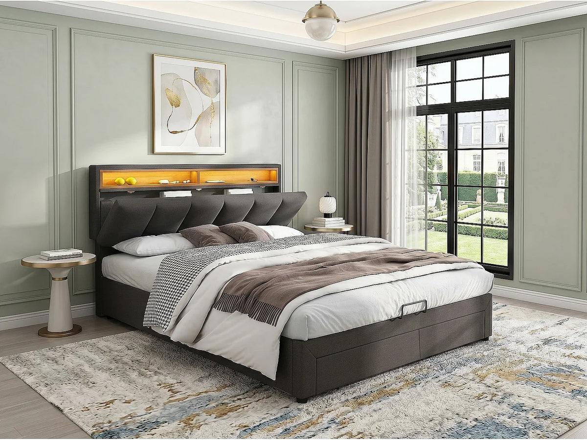 Lit Coffre 140x190 Tissu Lin Gris avec LED — vue 8