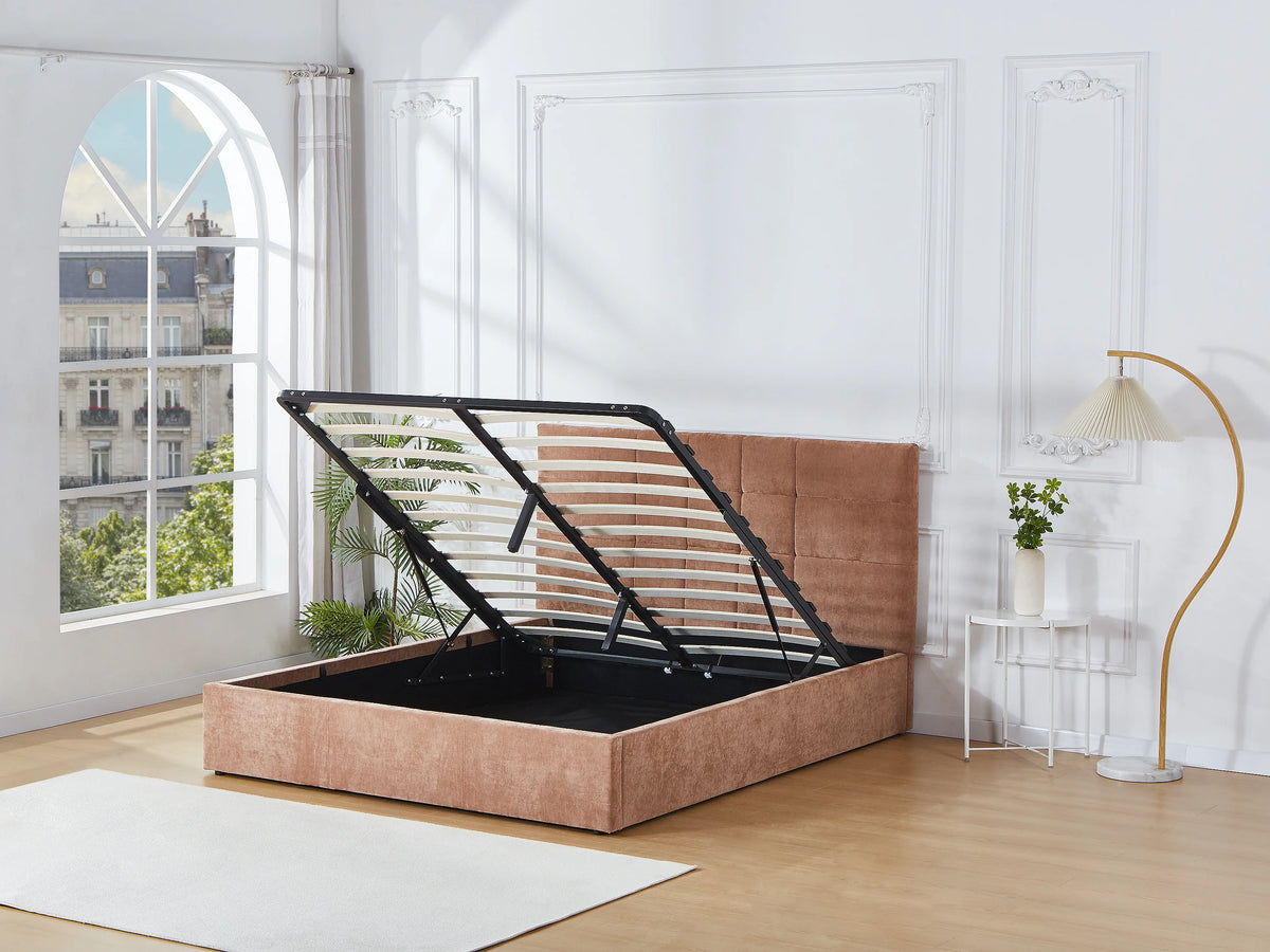 Lit Coffre 160x200 Tissu Terracotta Capitonné - HOPEYA — vue 2