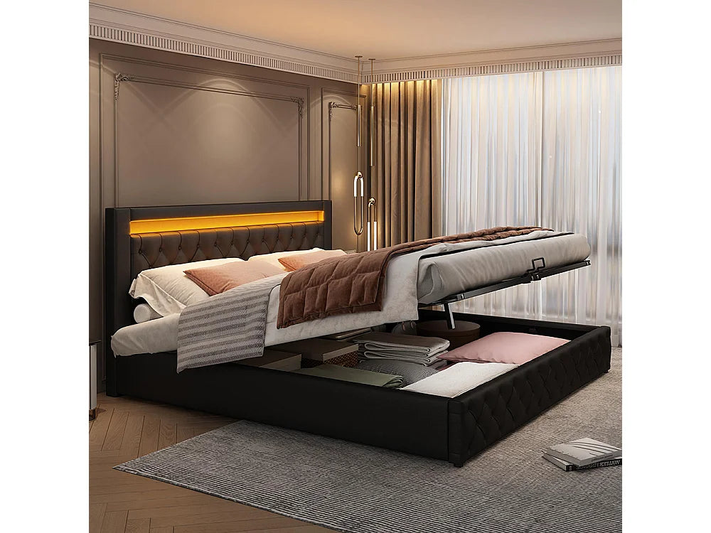 Lit Coffre 140x190 Simili Cuir Noir avec LED — vue 3