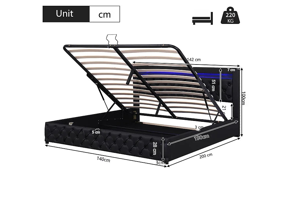 Lit Coffre 140x190 Simili Cuir Noir avec LED — vue 7