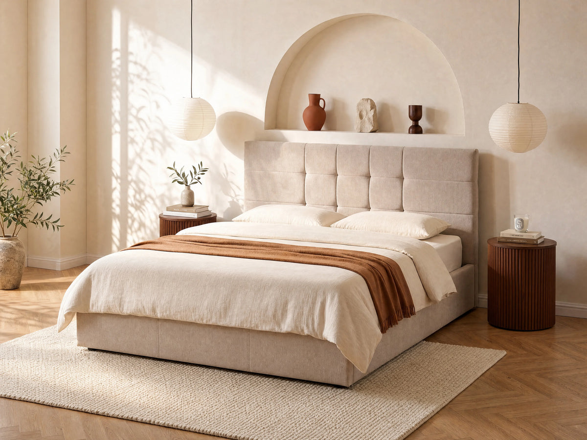 Lit Coffre 180x200 Tissu Beige Capitonné - HOPEYA