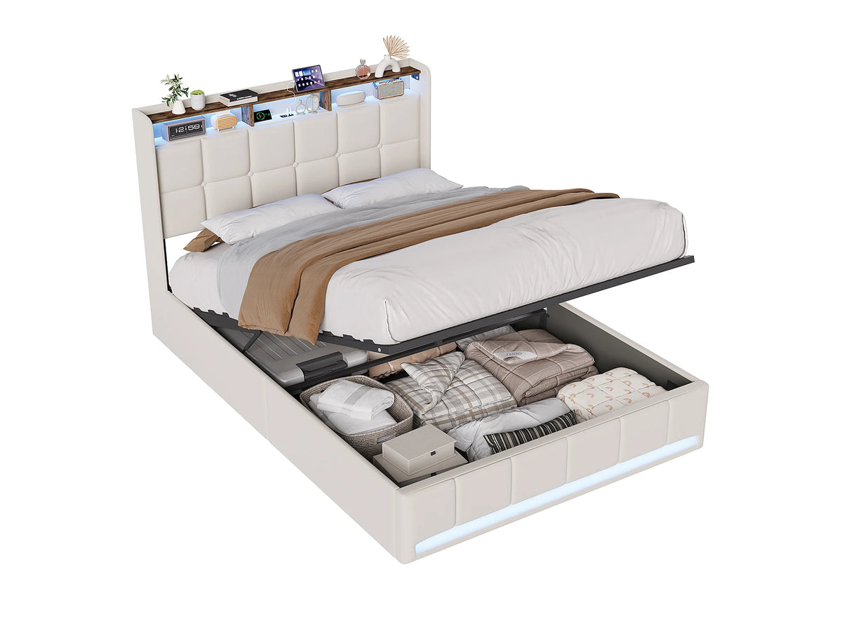 Lit Coffre 140x190 Bois Beige avec LED et Port USB — vue 6