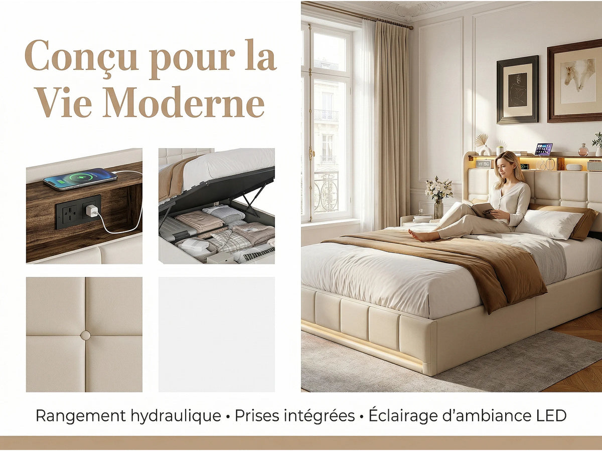 Lit Coffre 140x190 Bois Beige avec LED et Port USB — vue 7