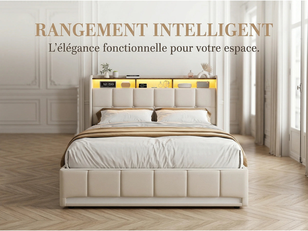 Lit Coffre 140x190 Bois Beige avec LED et Port USB — vue 8