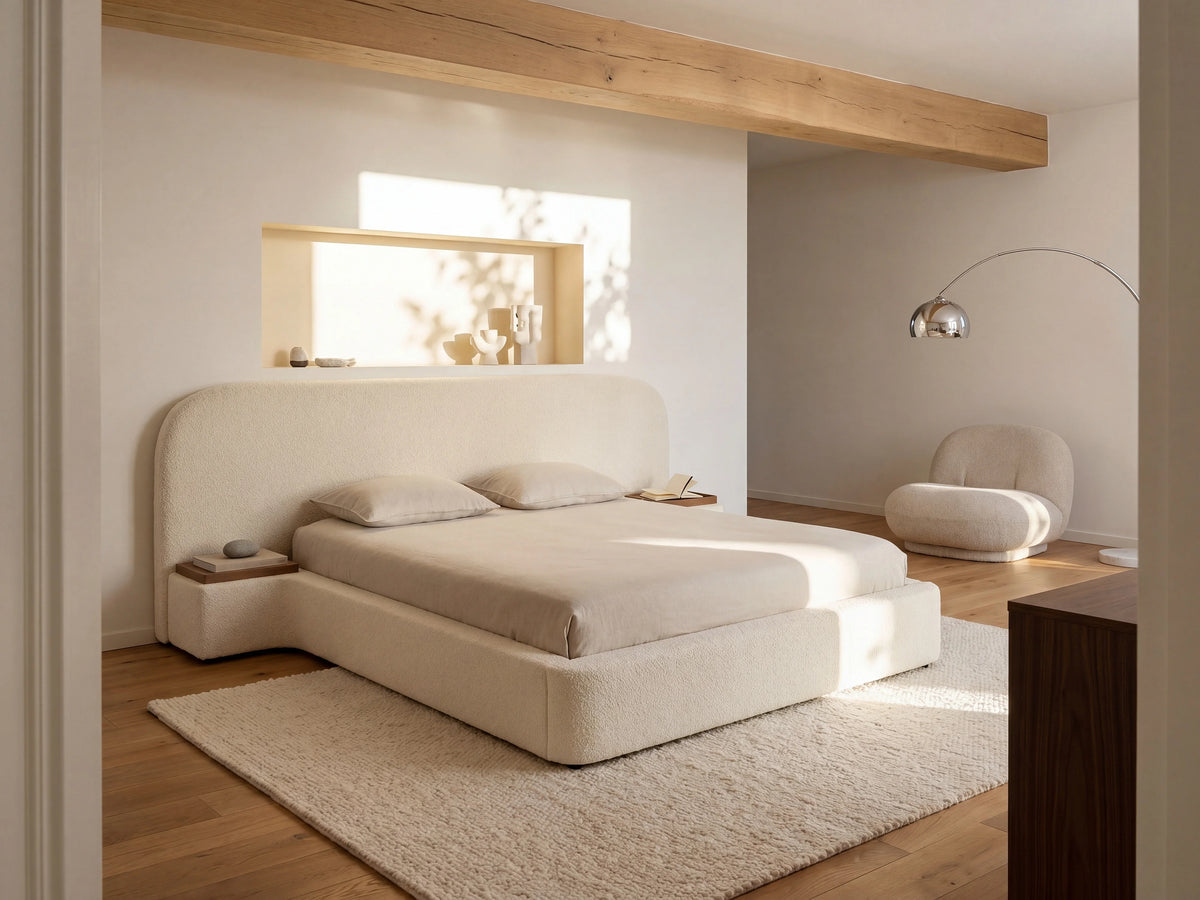 Lit Coffre 180x200 Tissu Bouclette Blanc avec Chevets